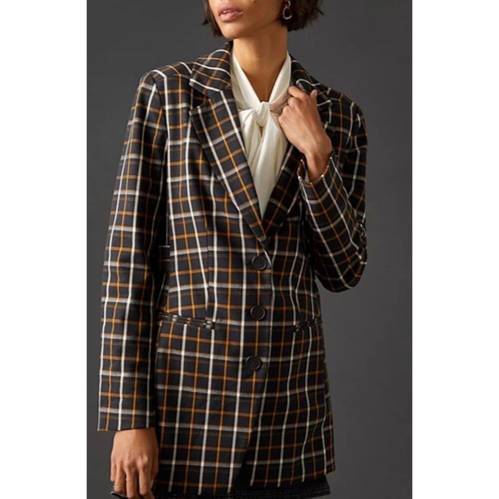Anthropologie Maeve Oversized Plaid Equestrian Blazer Black Motif Size 10‎